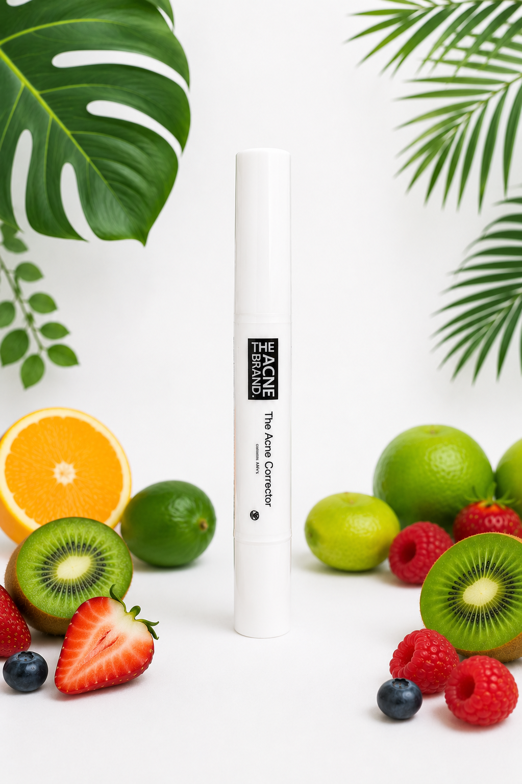 The Acne Serum from the plant-based acne skincare range on a marble surface with fruits and leaves.